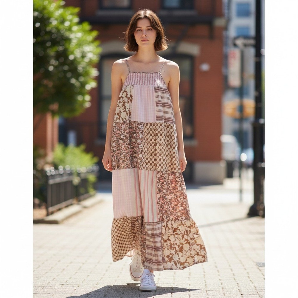 Universal Thread Size S Maxi Patchwork Dress Smocked Spaghetti Strap Cottagecore - Picture 1 of 9